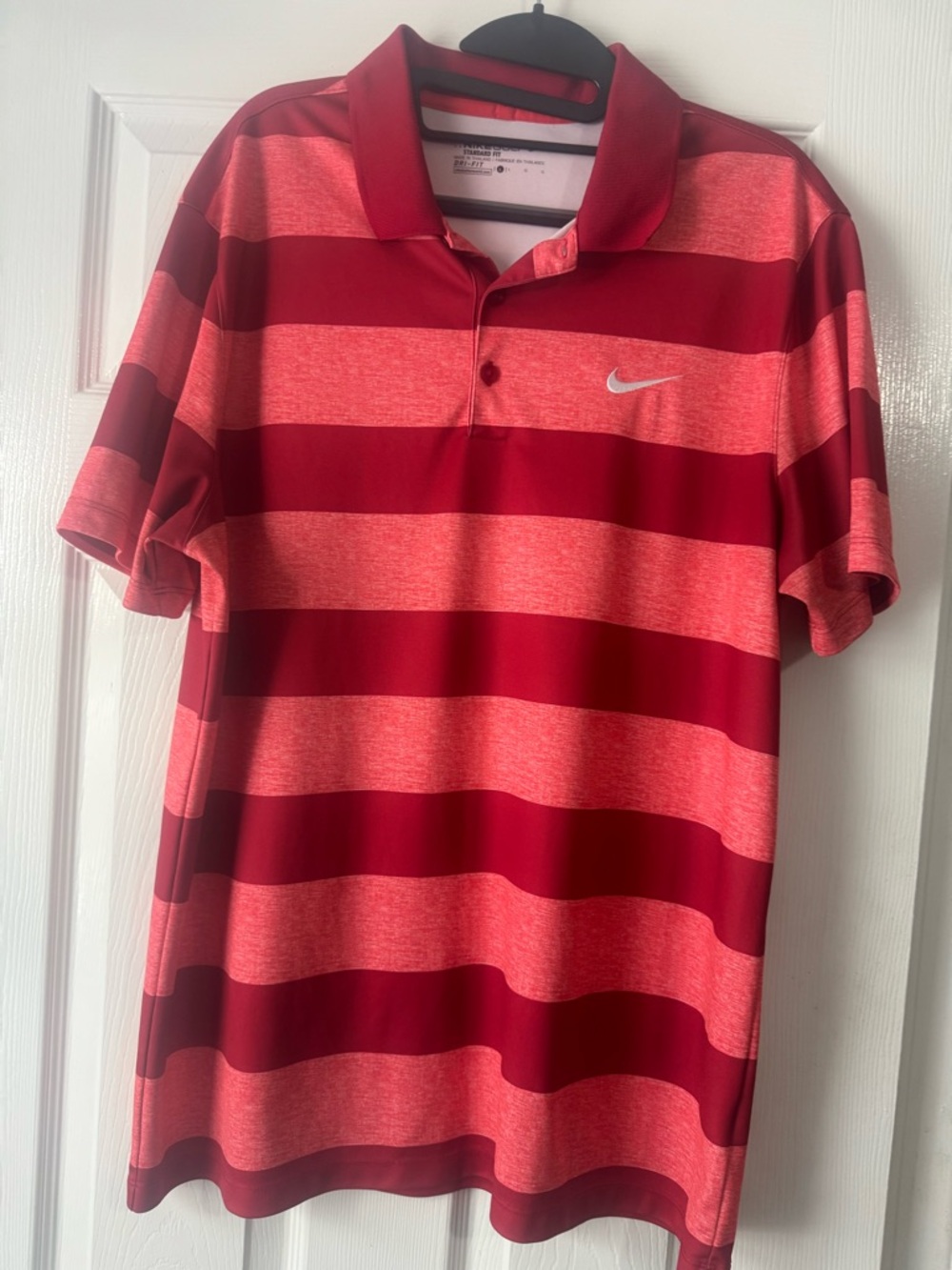 Nike Men’s Red and Light Red Striped Performance Polo